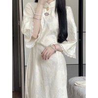 (Sẵn + Hoả tốc) Đầm sườn xám cách tân dáng dài chất lụa phối ren mềm tay loe thời trang Tết 2025 - N28 - Naii.order