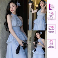 [Sẵn Hoả Tốc] Set Đầm Váy đi tiệc đi biển cổ yếm nhún eo mix chân váy voan tơ màu xanh pastel dáng xoè phối nơ nàng thơ