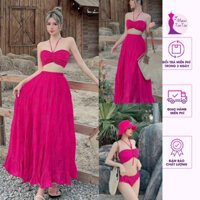 [Sẵn Hoả Tốc] Set Maxi váy đi biển ba món cổ yếm chân váy xoè rộng màu hồng tặng bikini phong cách quyến rũ-MaxiTinTin