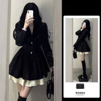 (Sẵn + Hoả tốc) Váy sơ mi đen cổ vest phối bèo trắng cúc trái tim-H35-Thehermit.bynaii