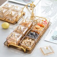 (SẴN) Hũ đựng mứt tết thủy tinh có nắp acrylic kèm khay nhựa và ống đựng nĩa xiên trái cây để bàn