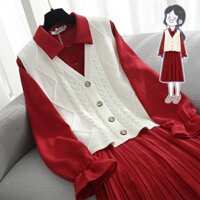 |sẵn L|Set váy tiểu thư + áo gile Hàn Quốc (có ảnh thật)