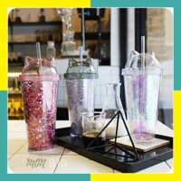 🌸sẵn🌸 Ly nước giữ nhiệt 2 lớp nhựa an toàn họa tiết dễ thương - kim tuyến lấp lánh nắp tai mèo - B10