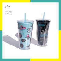 🌸sẵn🌸 Ly nước giữ nhiệt 2 lớp nhựa an toàn họa tiết icecream - B47