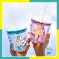 🌸sẵn🌸 Ly nước giữ nhiệt 2 lớp nhựa an toàn họa tiết dễ thương - kem ice cream - B9