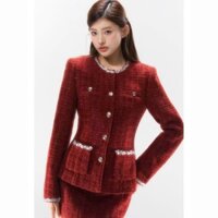 (Sẵn M,L) Set dạ tweed tông đỏ sequin - Áo khoác dạ cổ tròn viền kim tuyến khuy hợp kim - Chân váy bút chì ngắn