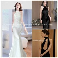 SẴN MÚT | Váy lụa cổ yếm maxi đuôi cá khoét lưng cài cúc ngọc dạ hội siêu phẩm dự tiệc