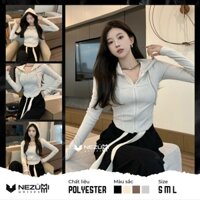 (Sẵn nâu, be S) Áo khoác croptop nữ dài tay có mũ ôm body phong cách Châu Âu sexy dance tập gym phượt dã ngoại