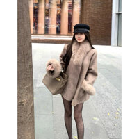 (sẵn nâu S)Áo khoác dạ dáng ngắn tay phối lông 2 màu nâu trắng