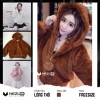 (Sẵn Nâu_Ảnh thật) Áo khoác lông thỏ tai gấu bông xù cực đáng yêu siêu dày ấm áp đại hàn