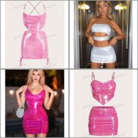 (SẴN NAZE HỒNG S -NÊN MUA LÙI 1 SIZE SO VỚI THƯỜNG MẶC - ORDER SHEIN ) NALE SET - Áo váy cắt xẻ vải phi bóng cá tính Y2K