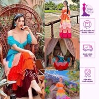 [Sẵn New] Set Đầm Váy Maxi Đi Biển Tầng Dập Ly Phối Màu Phong Cách BoHo Sành Điệu-MaxiTinTin