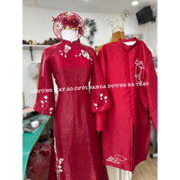 [SẴN NHIỀU, ẢNH THẬT] CẶP ÁO DÀI CƯỚI NAM TAFTA NỮ VOAN TƠ SÓNG 4 TÀ ĐÔ THÊU KẾT HOA NỔI DÀY DẶN ĐI TIỆC, ĐÁM CƯỚI