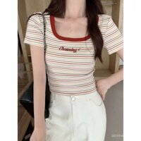 Sản phẩm hot [Bán chạy nhất cửa hàng] Áo thun ngắn tay sọc màu sắc cho phụ nữ, kiểu dáng mới mùa hè 2025, áo trễ vai, cổ chữ U, ôm sát, giảm cân