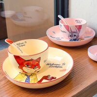 ((Sản phẩm mới 2025) [Shop Hot Sale] Disney Crazy Animal City Rabbit Judy Trẻ em Bát cơm dễ thương Bộ đĩa gốm có giá trị cao