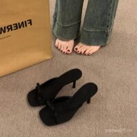 Sản phẩm Mới [Bộ sưu tập của 1619 người] Dép nữ đi trong mùa xuân và mùa hè, nơ đen, 2025 satin, hở mũi, giày cao gót gót nhọn 2KWI
