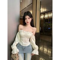 [Sản phẩm mới bùng nổ] Áo sơ mi Satin Hoa Tay Phồng Trễ Vai, áo sơ mi nữ mùa xuân hè thuần khiết HOT GIRL Ống xương cá, áo sơ mi kiểu Pháp