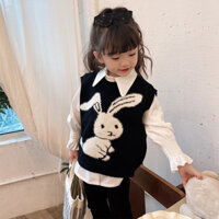 [Sản phẩm mới hạ sát] Bộ Áo sơ mi bé gái, bộ đồ hai mảnh dành cho bé gái, bộ đồ hai mảnh dành cho trẻ em, quần áo trẻ em Hàn Quốc mùa thu, phiên bản Hàn Quốc, bộ đồ kiểu Tây trẻ em vừa và nhỏ mới, áo vest dệt kim, áo sơ mi trắng, Bộ Quần Ống Loe Đen