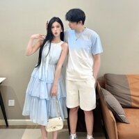 Sản phẩm mới Hàng có sẵn Cặp đôi mặc One Piece One Dress Pháp Cảm giác cao cấp màu xanh eo hẹp thon gọn hơn Váy không tay