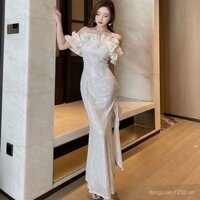 [Sản phẩm mới hot] Đầm dạ hội trắng trễ vai, dây đeo spaghetti, đầm sinh nhật cao cấp, đầm nàng tiên cá, phong cách đường phố