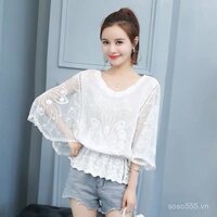 Sản phẩm mới mùa hè 2025 Áo sơ mi ren tay giữa phong cách Hàn Quốc Áo Sơ Mi Cánh Dơi Thêu rộng rãi dễ phối tôn dáng gầy phong cách phương Tây cho nữ áo chống nắng