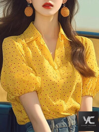 [Sản Phẩm Mới] Mùa Hè Phong Cách Mới Thời Trang Đẹp Màu Vàng Chấm Bi Cổ POLO Áo Thun Nữ Niche Top