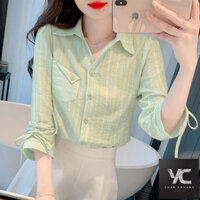 [Sản phẩm mới] Mùa xuân Thu Phong cách mới Áo sơ mi voan nữ kiểu Pháp sang trọng Dây rút ba phần tư tay áo đáy