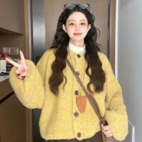 [Sản phẩm mới siêu tiết kiệm] Áo len cổ tròn màu cam bí ngô Áo len Cardigan nữ mùa thu đông dày dáng rộng mặc bên ngoài Áo khoác dệt kim cao cấp phong cách lười biếng