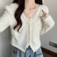[Sản phẩm mới] Thu Đông Phong Cách Mới Phiên Bản Hàn Quốc Áo Len Cardigan Nữ Thu Đông Slim-fit Ren Sang Trọng Cổ Chữ v
