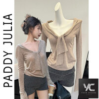 [Sản phẩm mới] Xuân Thu Phong Cách Mới Ruy Băng Cổ Chữ v Dài Tay Dệt Kim Nữ Slim-Fit Màu Trơn Top