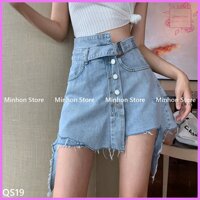 [Sẵn] Quần Đùi, Quần Short Bò Nữ Cạp Lệch Rách Gấu Cá Tính (Minhon Store QS19)