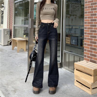 [SẴN] Quần jeans đen retro wax trắng lưng cao ống rộng loe