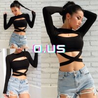 (Sẵn S M L) Áo croptop dài tay phong cách châu Âu hở ngực dây quấn chéo bụng, tập gym, dance