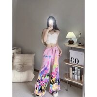 [Sẵn Sàng] Dopamine Mặc Quần Thường Ngày Nữ Mùa Hè Phong Cách Mới Màu Hồng Graffiti Cao Cấp Chân Rộng Thẳng Rời Quần Legging Hợp Thời Trang