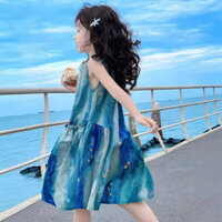 [Sẵn sàng] Váy buộc dây buộc cho bé gái Mùa hè Phong cách phương Tây Trẻ em Váy Vest xanh Retro Váy mỏng Size 110-160