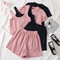 (Sẵn) Set Áo Croptop Hai Dây Và Quần Short Đồ Mặc Nhà