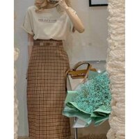 (sẵn ) set chân váy midi kẻ caro vintage kèm áo thun (hình thật phía sau shop chụp )