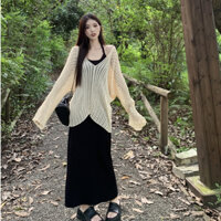 [SẴN] Set đầm body cổ yếm dáng dài phối áo len lưới mỏng tiểu thư sang chảnh và quyến rũ