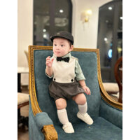 (Sẵn ship) Set công tử xanh MINT Trắng 3 chi tiết áo sơ mi+quần bi+yếm+nơ cho bé đi tiệc sinh nhật thôi nôi