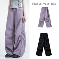 (SẴN TÍM S, M)Quần vải dù ống rộng unisex cạp chun trễ màu trơn tím đen cơ bản - Tiktik