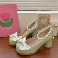 (Sẵn trắng 36) Giày cao gót mũi tròn lolita gắn nơ quai ngọc siêu xinh