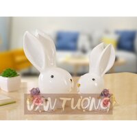 [SẴN] Tượng trang trí, Tượng để bàn làm việc Bộ đôi thỏ sứ trang trí showroom dễ thương, hoa văn nổi [DEC0003]