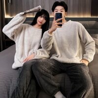 (Sẵn xám, kem) Bộ ngủ nỉ bông đen trơn đôi nam nữ áo sweater + quần jogger pijama siêu dày ấm thể thao unisex