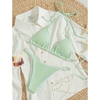 [SẴN Xanh Mint] Bikini tam giác Basic hai mảnh sexy, Vải gân buộc dây, Đồ bơi nữ có mút màu xanh mint hot