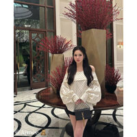 [sẵn]Áo trễ vai chấm bi tay dài dày dặn phong cách tiểu thư sang trọng Top women_ enka viet nam