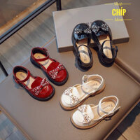 sandal bé gái giày bệ bít mũi cho bé da PU mềm êm chân dễ lau nơ kẻ xinh xắn điệu công chúa có hộp E67