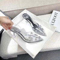 Sandal cao gót 9 phân mũi nhọn quai trong gắn đá hót 2024 ( phom rộng mua giảm 1 sz)