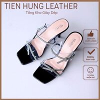 Sandal cao gót hai quai dây mê ca phối dây đính đá, dép guốc gót nhọn cao 7cm thời trang