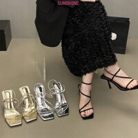 Sandal cao gót nữ 7 phân màu bạc quai ngang mảnh đúng size đủ màu T075 Shop Sun