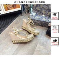 Sandal cao gót nữ đế xuồng thuyền đinh tán phối cói 10cm hàng QC fullbox